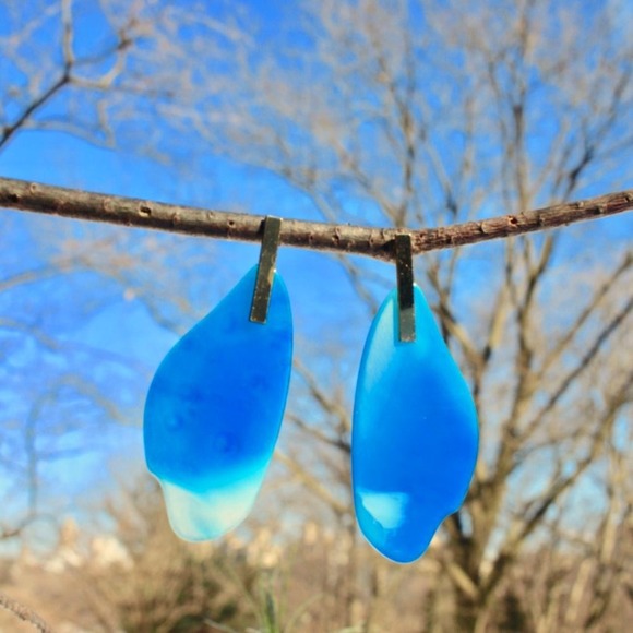 18K Gold Blue Ocean Drop Dangle Teardrop Earrings - Picture 2 of 7